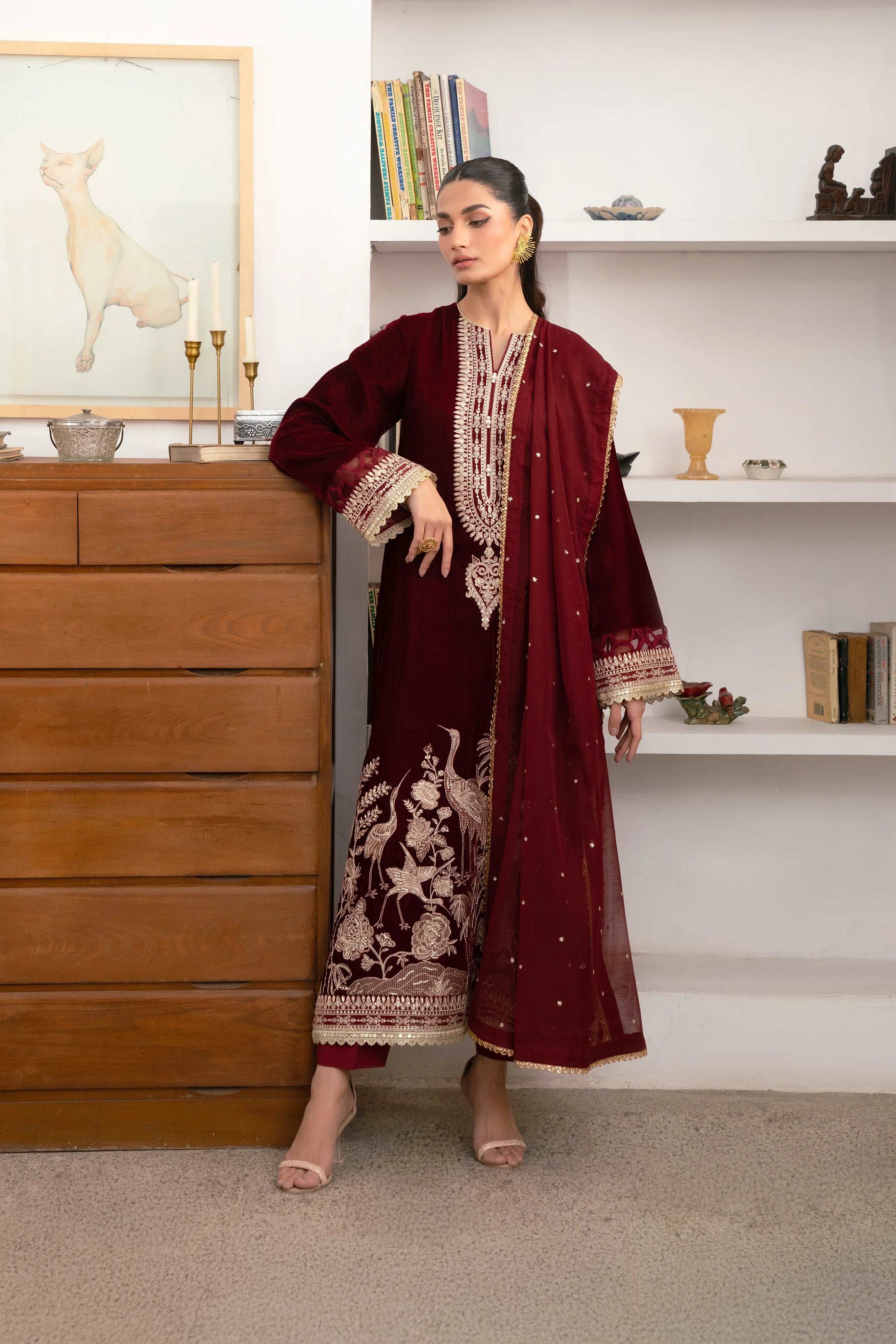 3 Piece Embroidered Velvet Suit Unstitched Winter-24