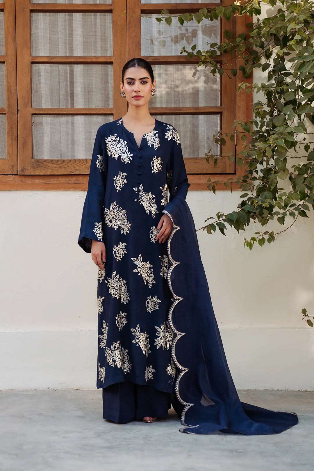 3 Piece Embroidered Raw Silk Suit