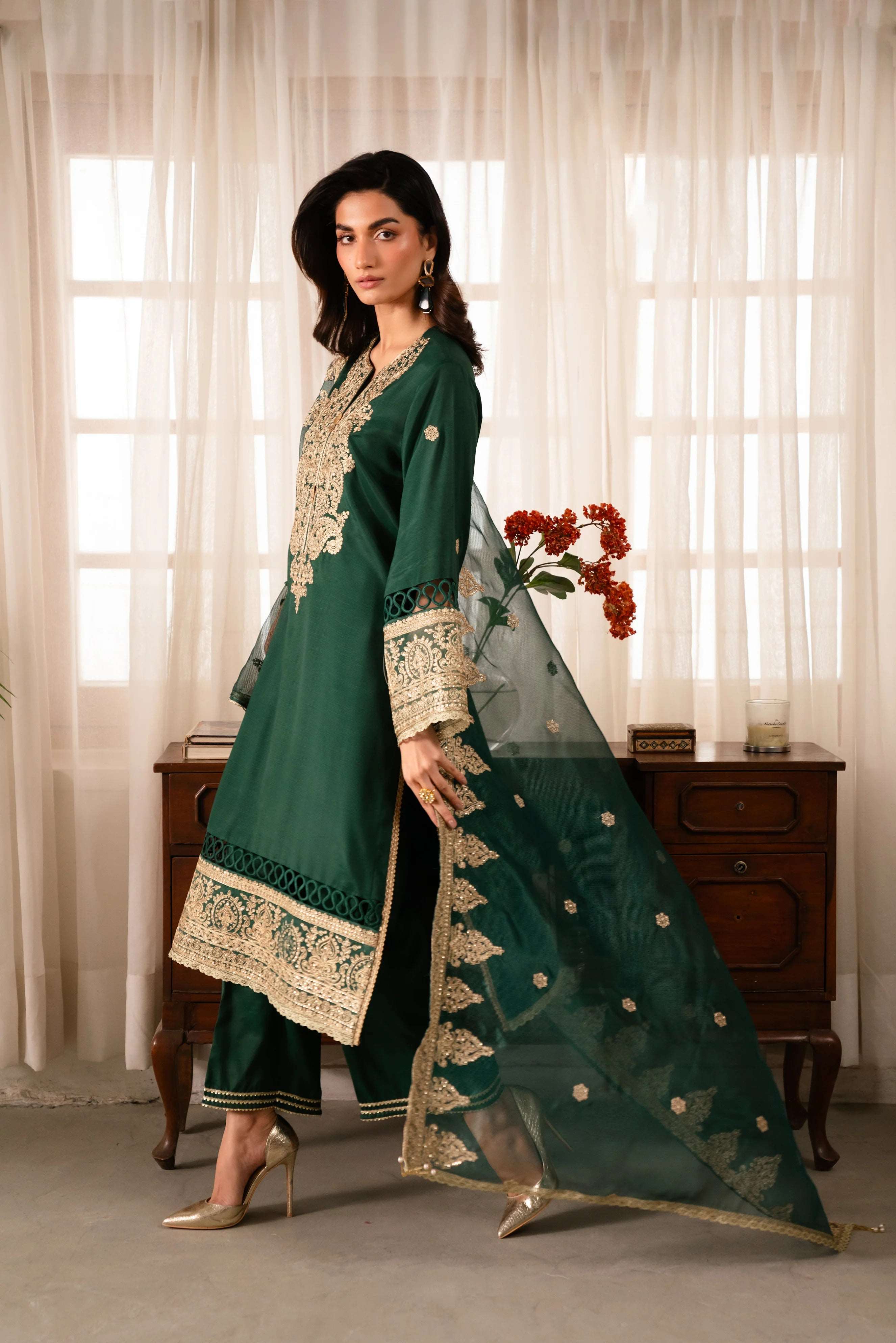 3 Piece Embroidered Raw Silk Suit