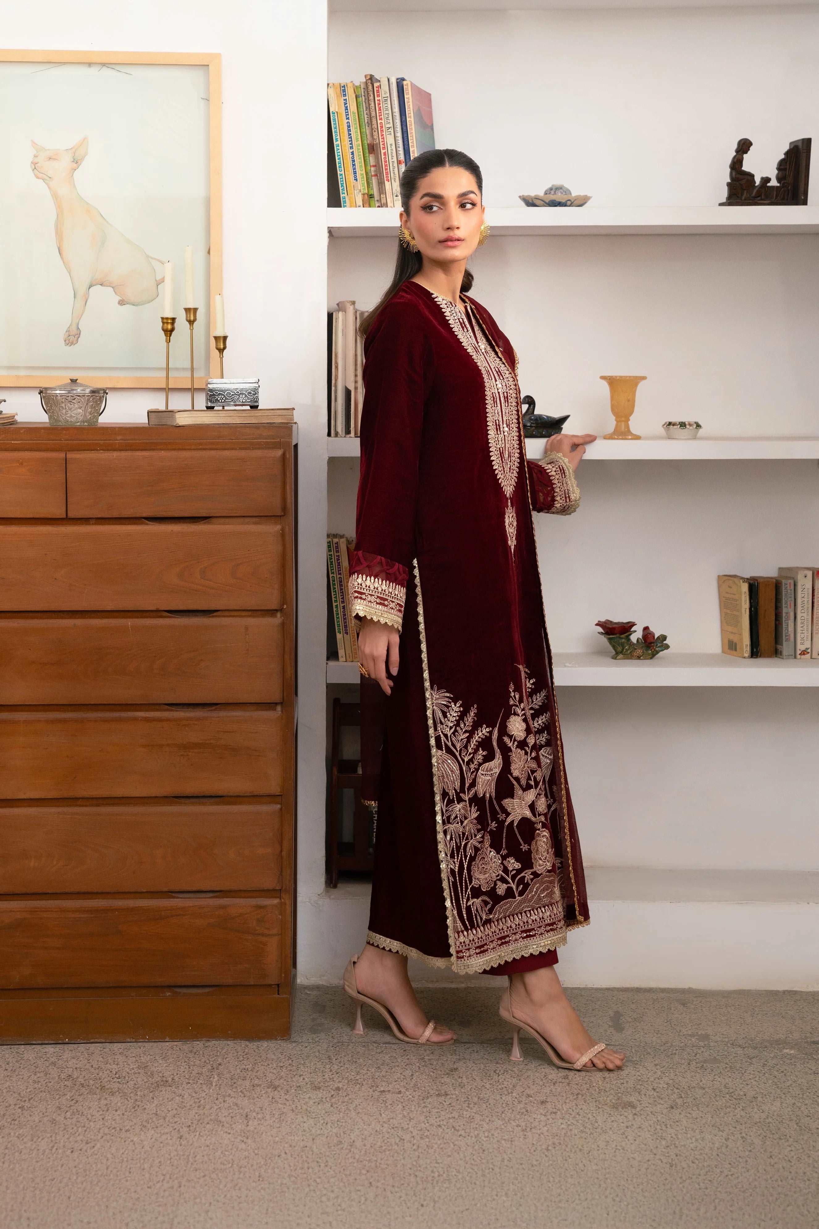 3 Piece Embroidered Velvet Suit Unstitched Winter-24