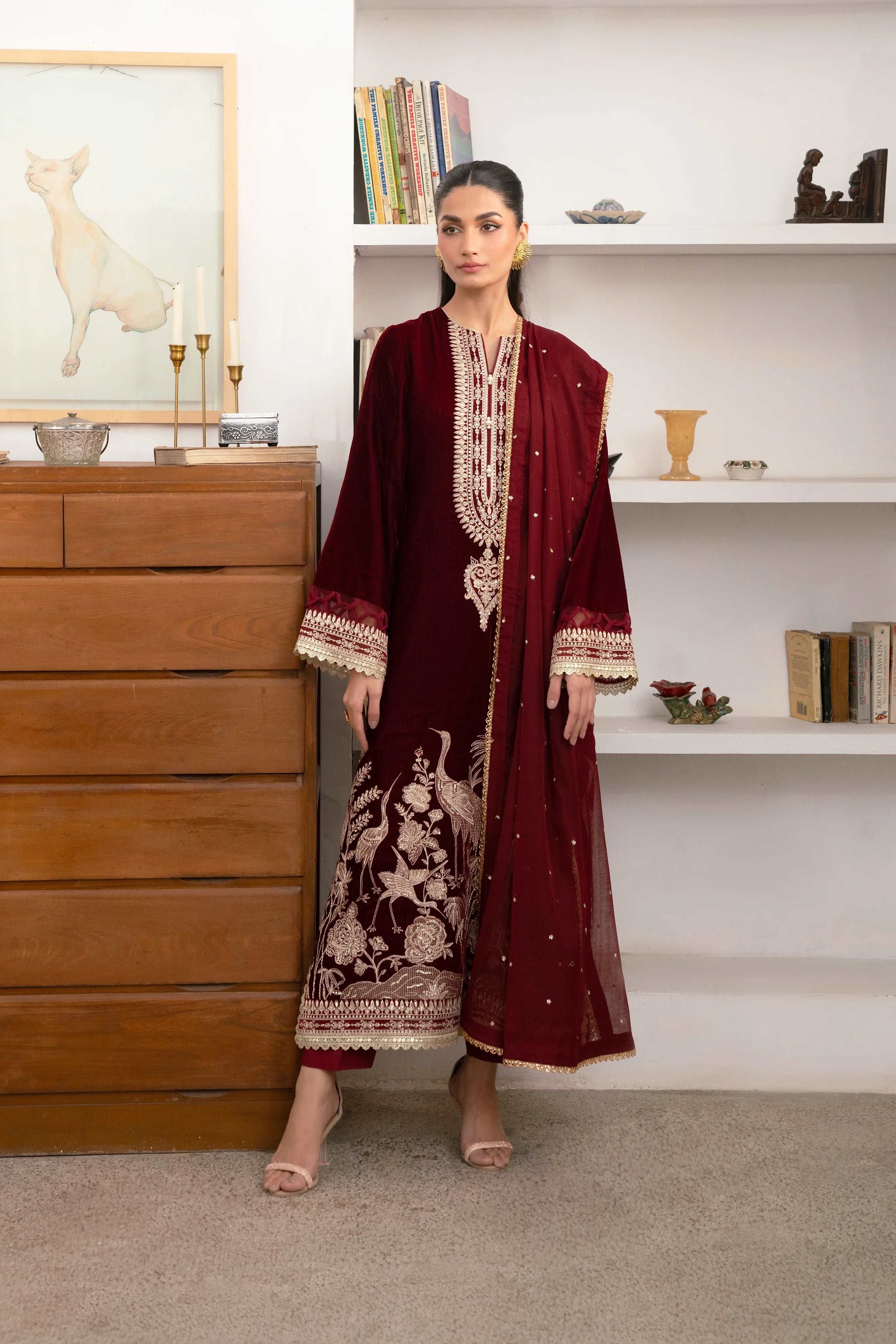 3 Piece Embroidered Velvet Suit Unstitched Winter-24