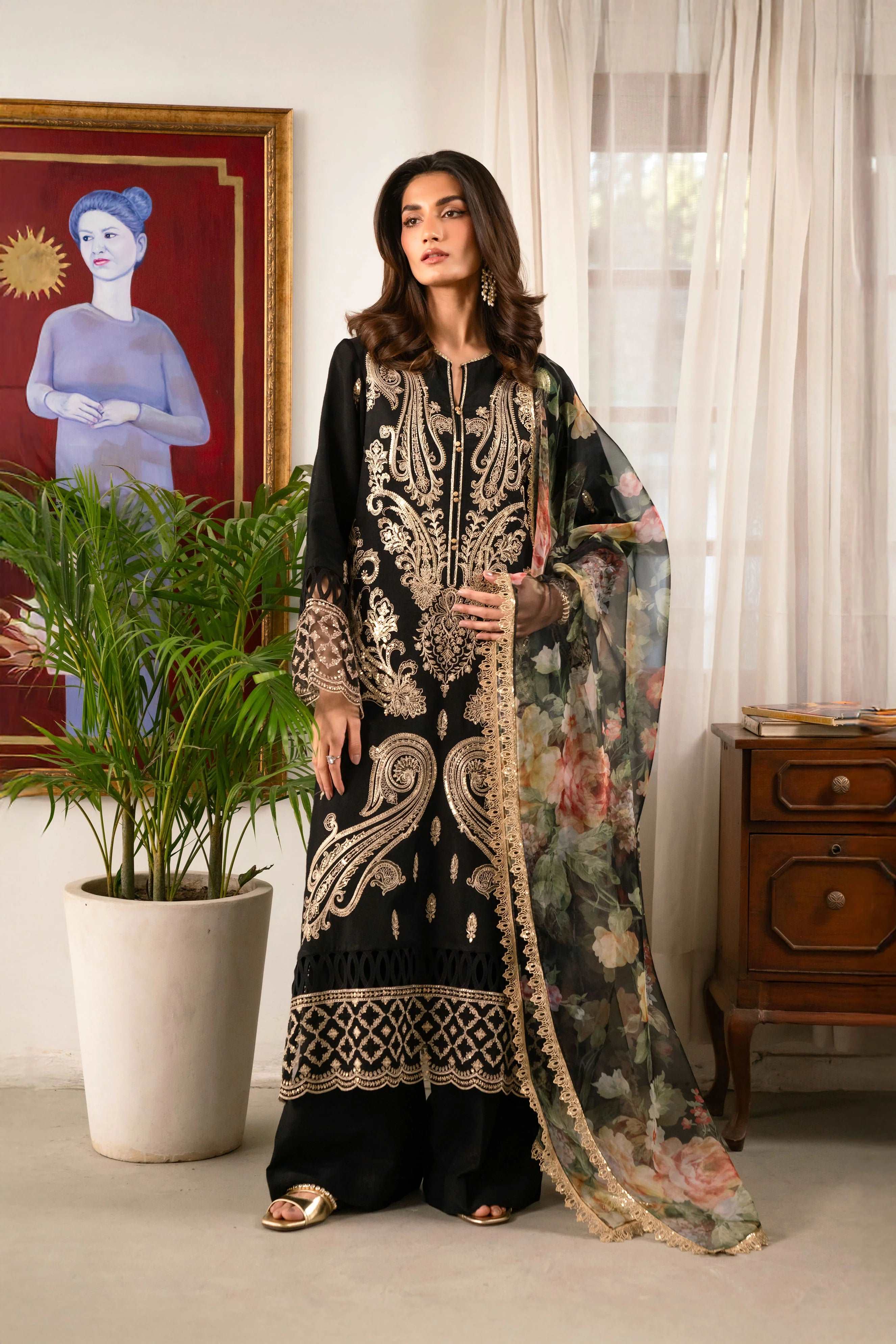 3 Piece Embroidered Raw Silk Suit