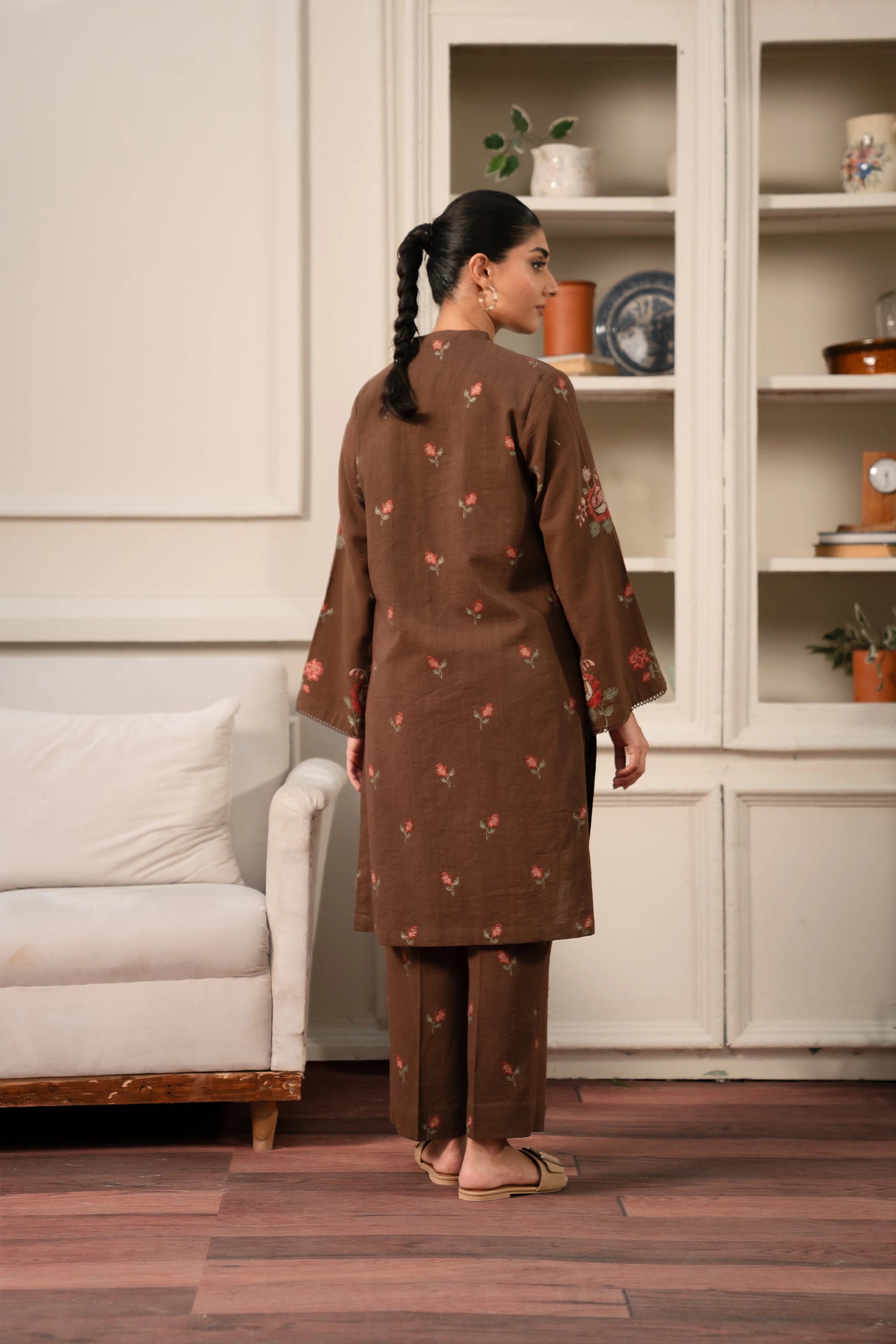 Latest 2 Piece Embroidered Khaddar Suit Brown