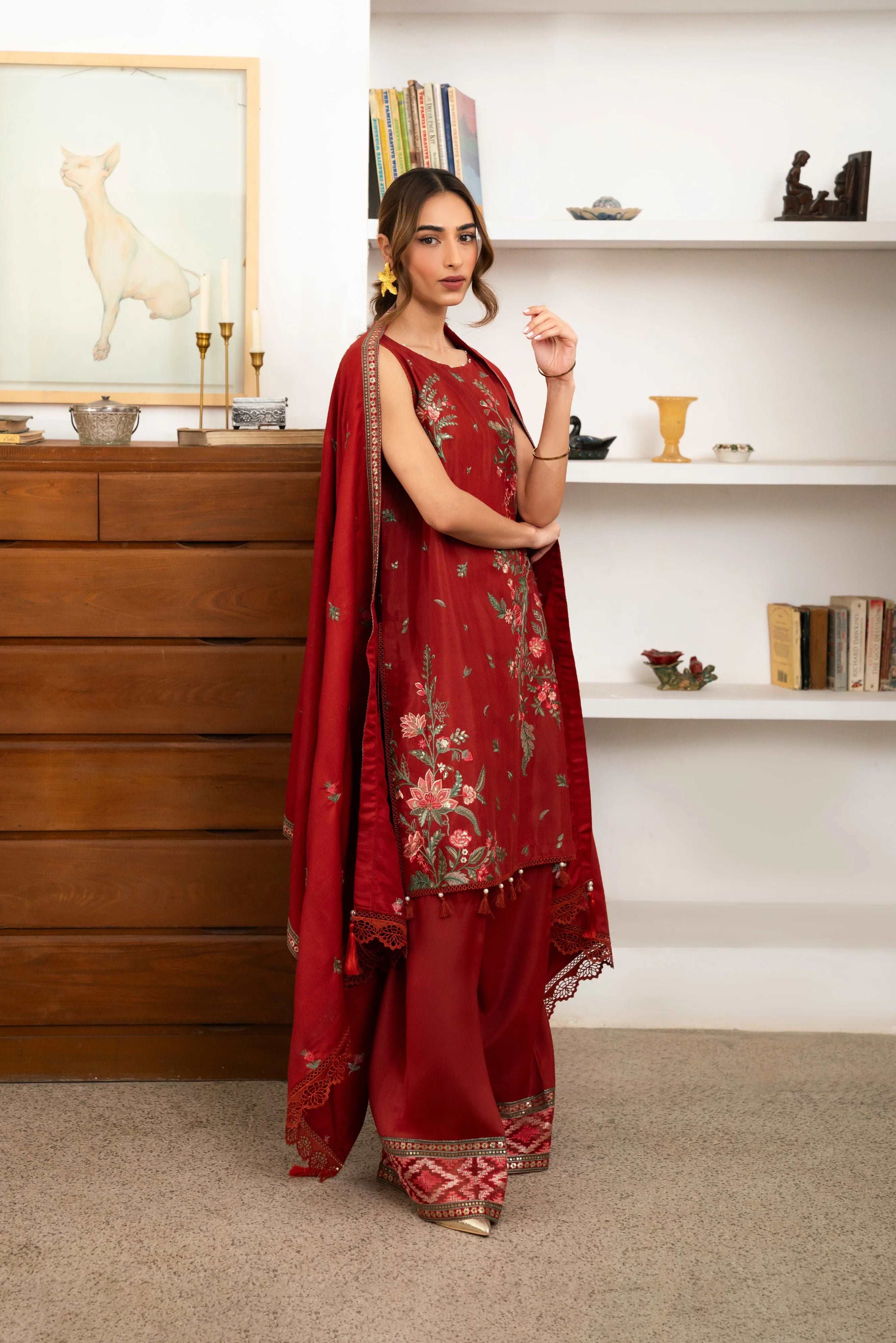 3 Piece Embroidered Raw Silk Suit