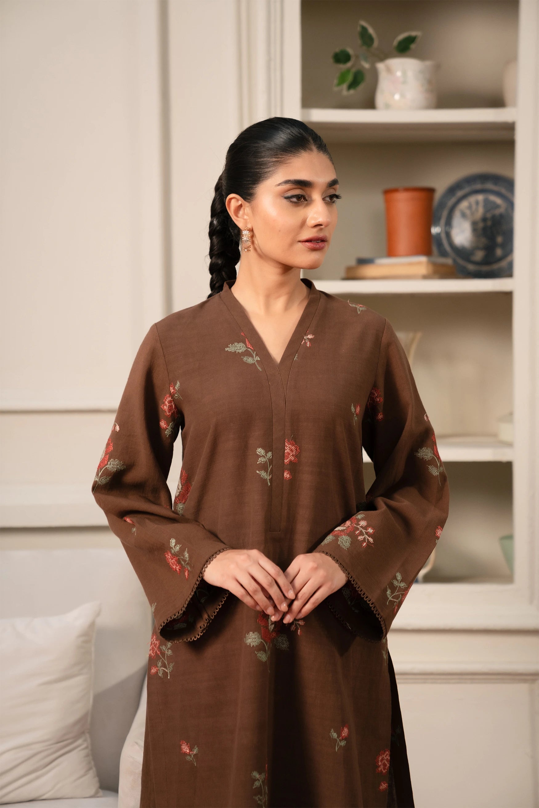 New 2 Piece Embroidered Khaddar Suit Brown